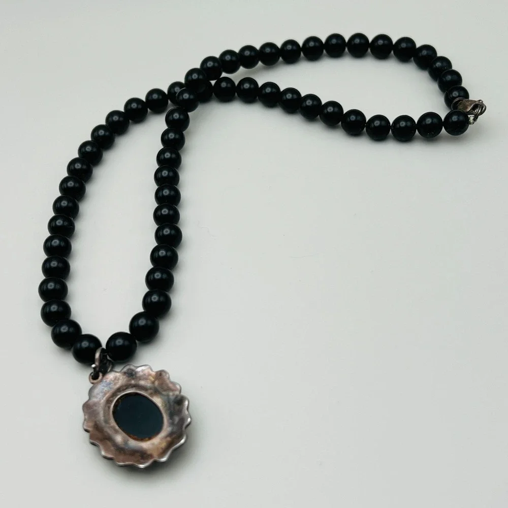 Vintage Mother of Pearl Cameo Sterling Silver Marcasite Frame Black Beaded Chain